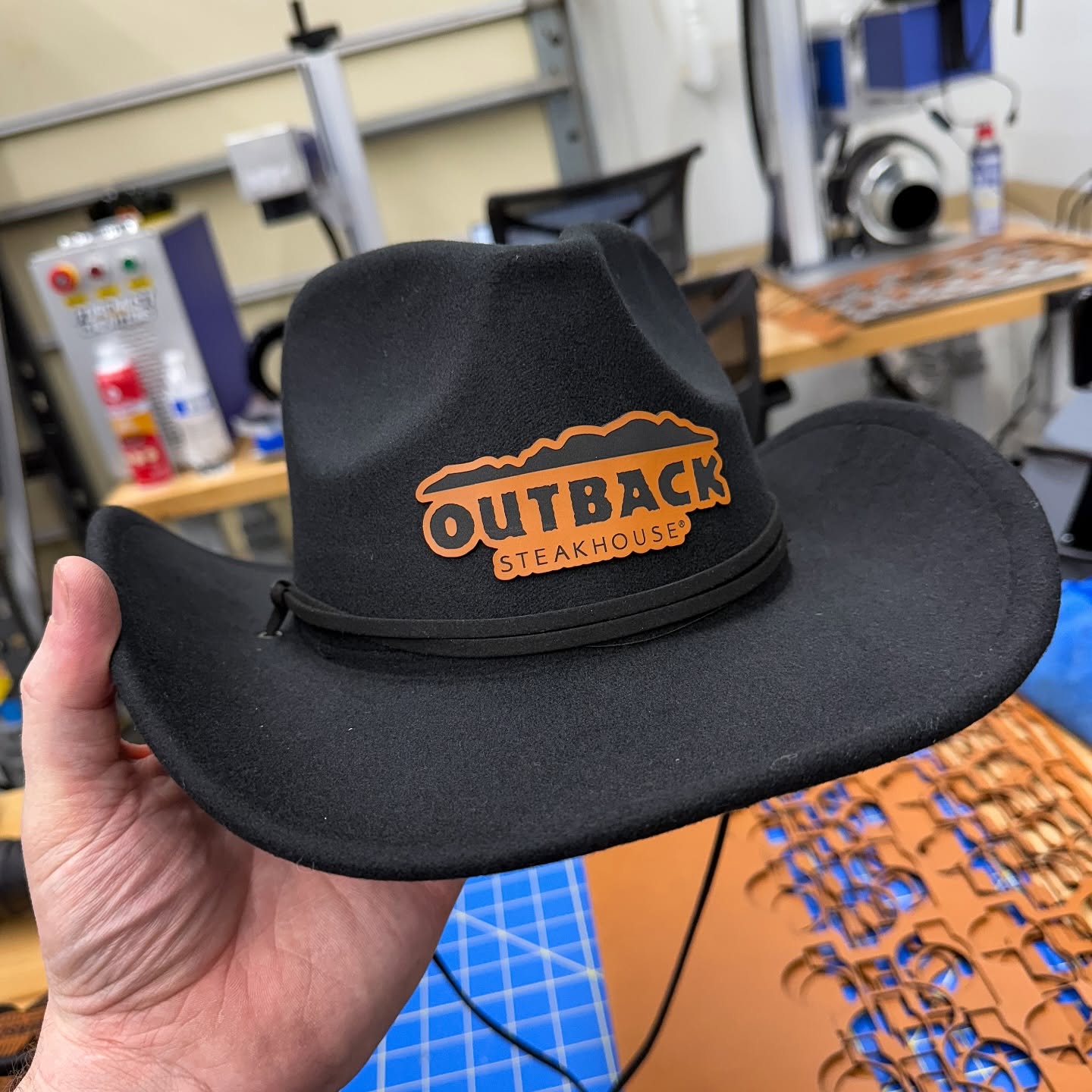 Leatherette patch applied to an Outback hat